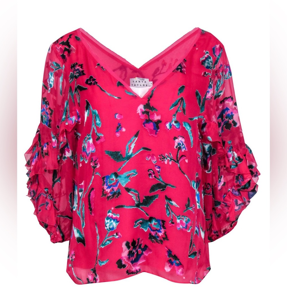 Tanya Taylor Margarita Floral Ruffled Sleeve Blouse